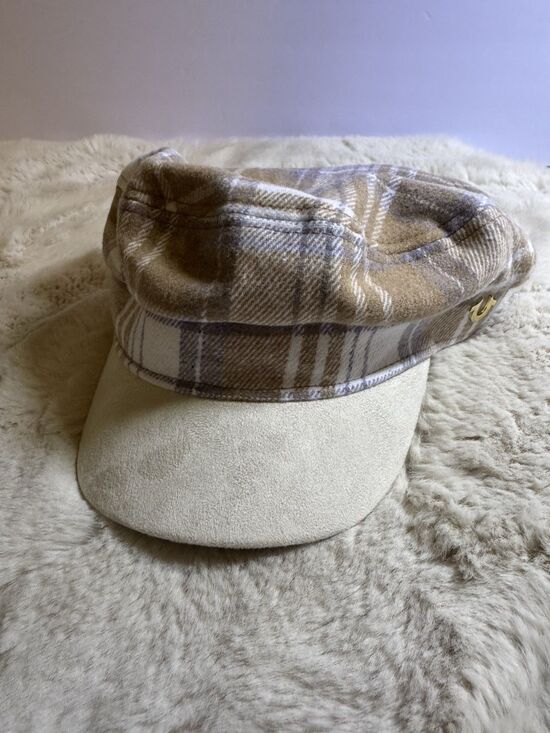 True Religion Newsboy Flat Cap Plaid Suede Logo Y2K Style Cream Brown New main image 4